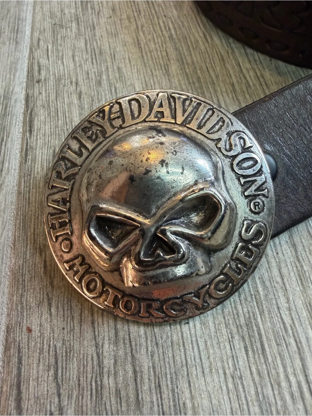 Harley Davidson Vintage Willie G Belt And Buckle Chrome Skull Motorcycle Y2K 46